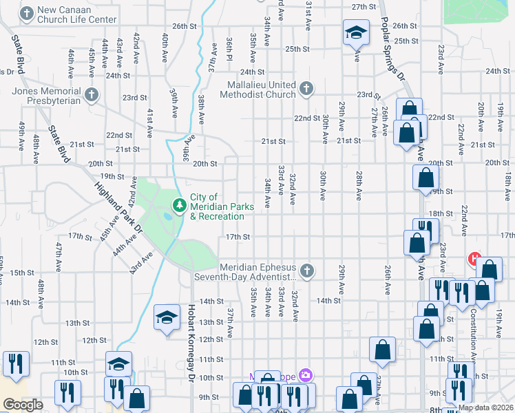 map of restaurants, bars, coffee shops, grocery stores, and more near 1818 35th Avenue in Meridian