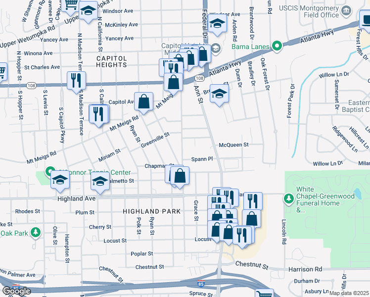 map of restaurants, bars, coffee shops, grocery stores, and more near 419 South Panama Street in Montgomery