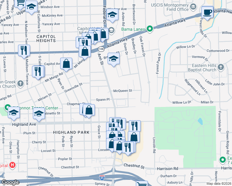 map of restaurants, bars, coffee shops, grocery stores, and more near 2914 McQueen Street in Montgomery