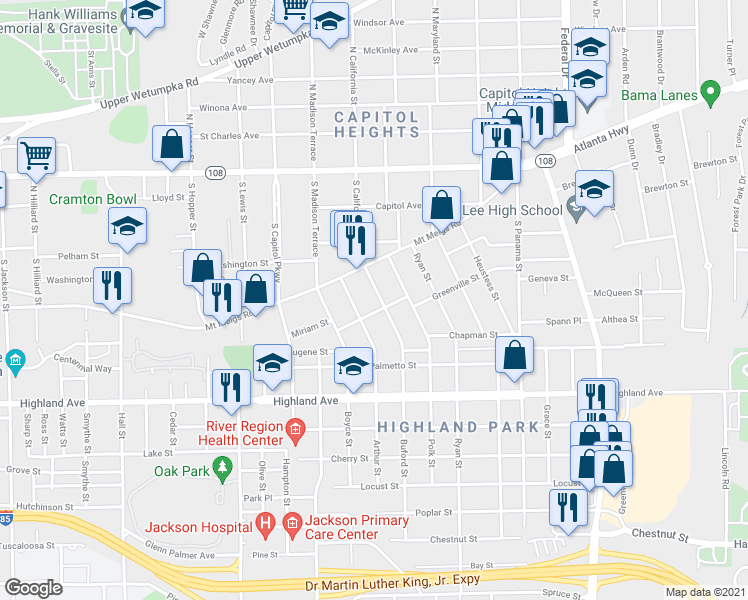 map of restaurants, bars, coffee shops, grocery stores, and more near 335 Buford Street in Montgomery