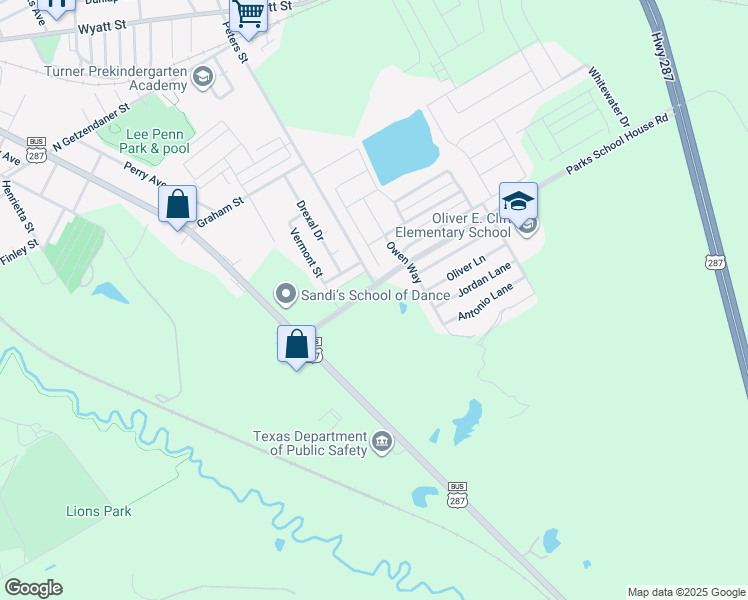 map of restaurants, bars, coffee shops, grocery stores, and more near 104 Owen Way in Waxahachie