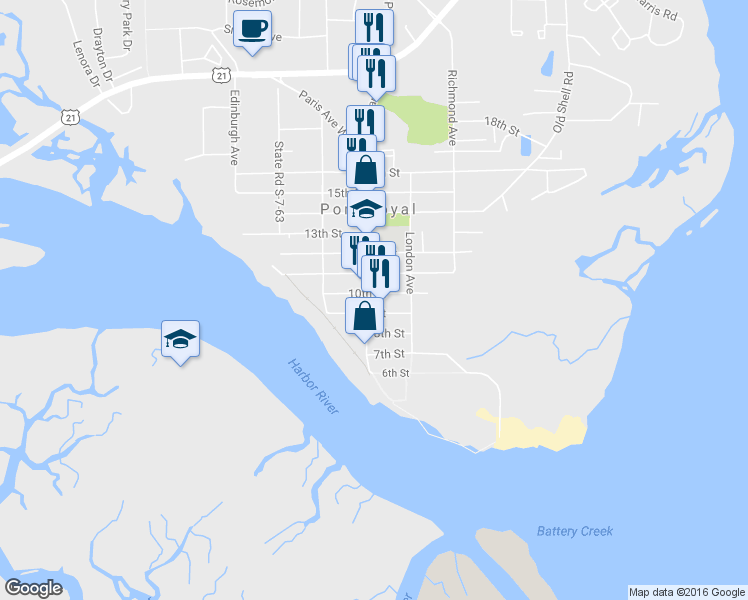 map of restaurants, bars, coffee shops, grocery stores, and more near 914 Paris Avenue in Port Royal