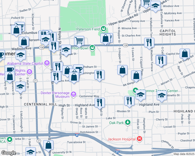 map of restaurants, bars, coffee shops, grocery stores, and more near 1129 Adams Avenue in Montgomery