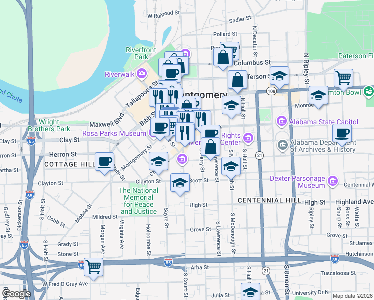map of restaurants, bars, coffee shops, grocery stores, and more near 109 South Court Street in Montgomery