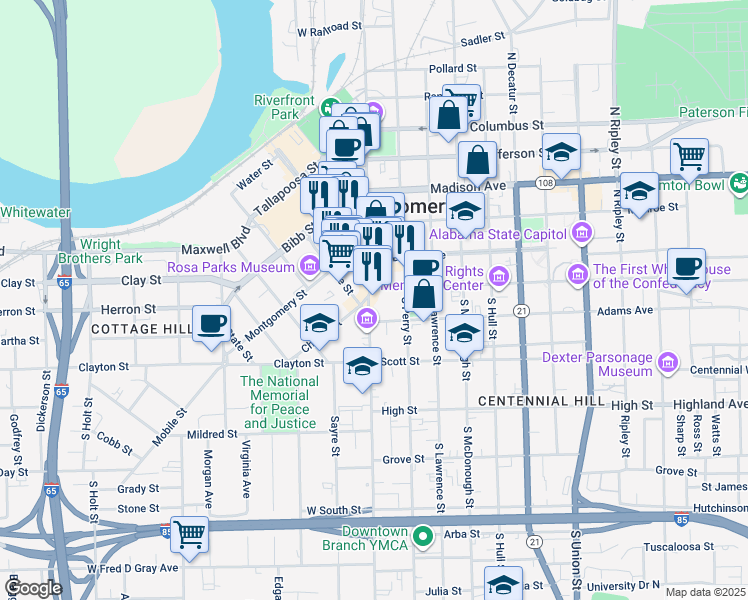 map of restaurants, bars, coffee shops, grocery stores, and more near 107 Montgomery Street in Montgomery