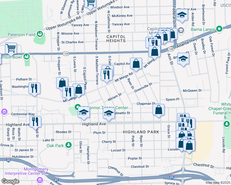 map of restaurants, bars, coffee shops, grocery stores, and more near 340 Buford Street in Montgomery