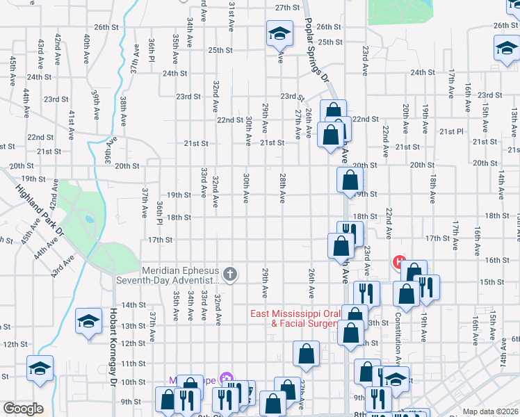map of restaurants, bars, coffee shops, grocery stores, and more near 1814 30th Avenue in Meridian
