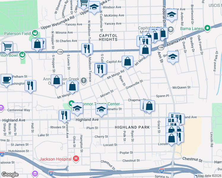 map of restaurants, bars, coffee shops, grocery stores, and more near 343 Buford Street in Montgomery