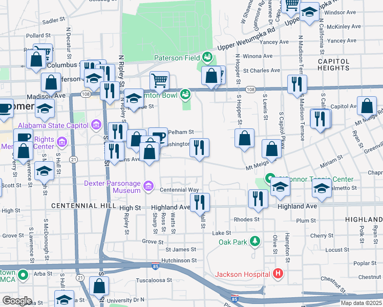 map of restaurants, bars, coffee shops, grocery stores, and more near 1129 Adams Ave in Montgomery
