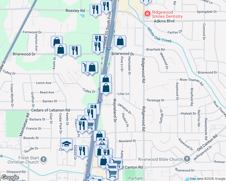 map of restaurants, bars, coffee shops, grocery stores, and more near 5417 Wayneland Drive in Jackson