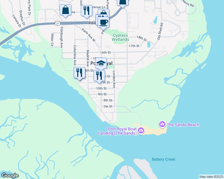 map of restaurants, bars, coffee shops, grocery stores, and more near 901 10th St in Port Royal