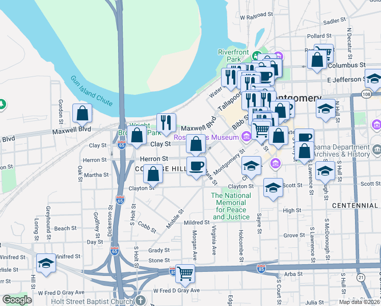 map of restaurants, bars, coffee shops, grocery stores, and more near 422 Herron Street in Montgomery