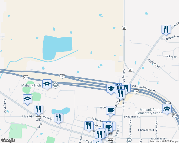 map of restaurants, bars, coffee shops, grocery stores, and more near 18957 U.S. 175 Frontage Road in Mabank