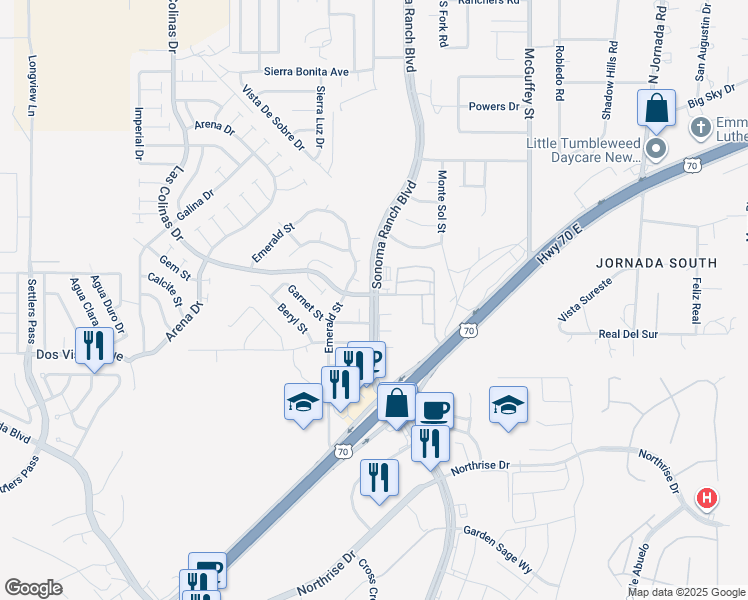 map of restaurants, bars, coffee shops, grocery stores, and more near 3860 Las Colinas Drive in Las Cruces