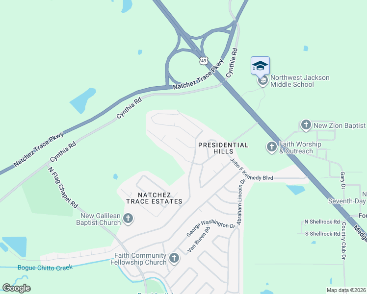 map of restaurants, bars, coffee shops, grocery stores, and more near 351 Roosevelt Place in Jackson