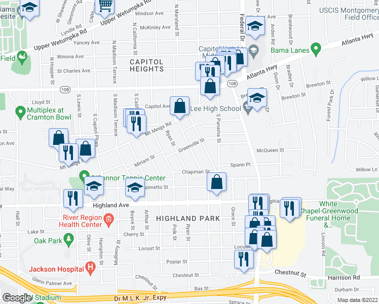 map of restaurants, bars, coffee shops, grocery stores, and more near 408 Calloway Street in Montgomery