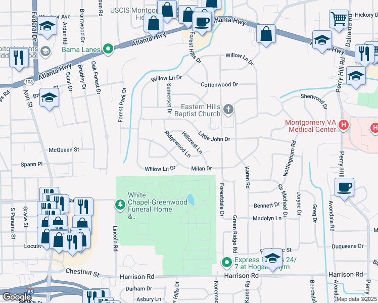 map of restaurants, bars, coffee shops, grocery stores, and more near 3260 Hillcrest Lane in Montgomery