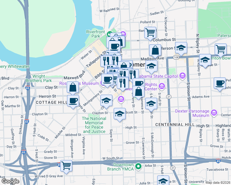 map of restaurants, bars, coffee shops, grocery stores, and more near 127 Lee Street in Montgomery