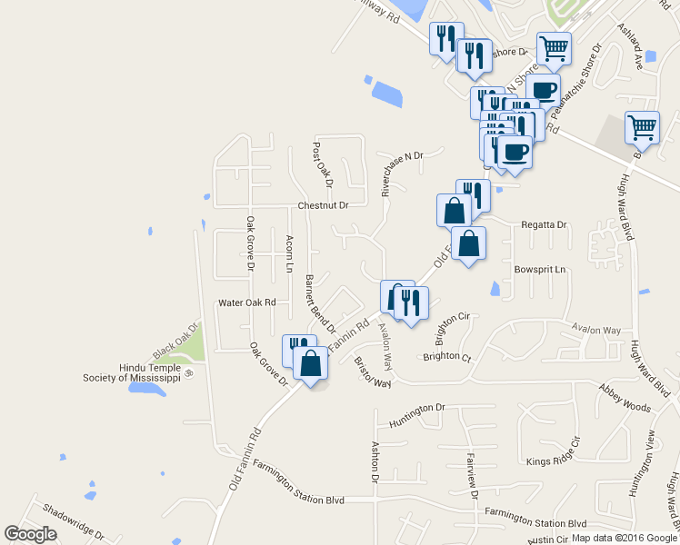 map of restaurants, bars, coffee shops, grocery stores, and more near 126 Hunters Oak Cove in Brandon