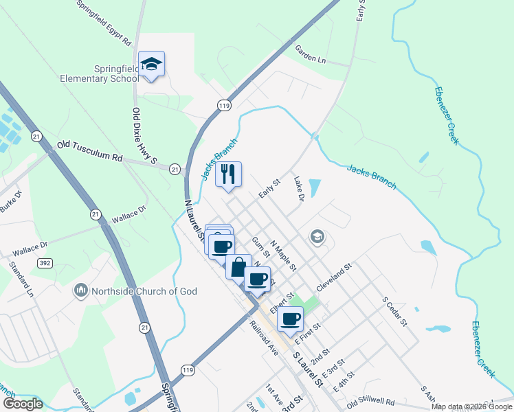 map of restaurants, bars, coffee shops, grocery stores, and more near 503 Early Street in Springfield