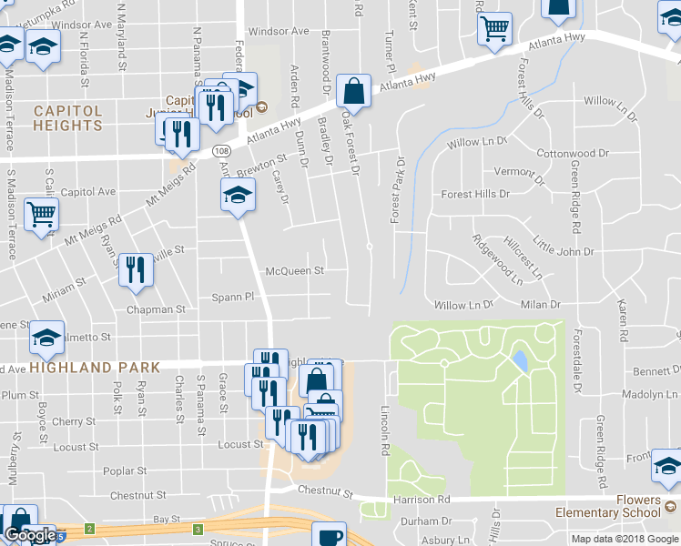 map of restaurants, bars, coffee shops, grocery stores, and more near 300 Bradley Drive in Montgomery