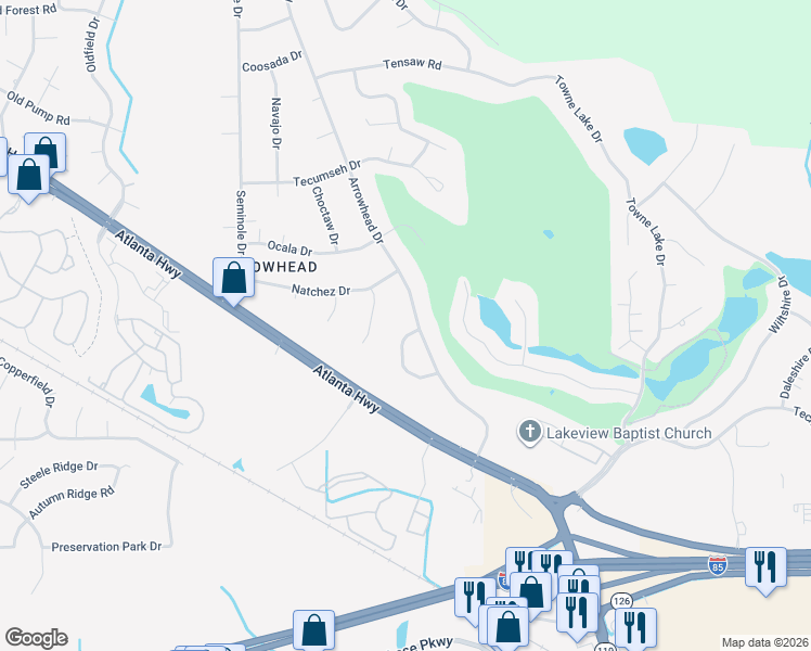 map of restaurants, bars, coffee shops, grocery stores, and more near 129 Arrowhead Drive in Montgomery
