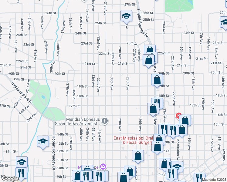 map of restaurants, bars, coffee shops, grocery stores, and more near 1814 30th Avenue in Meridian