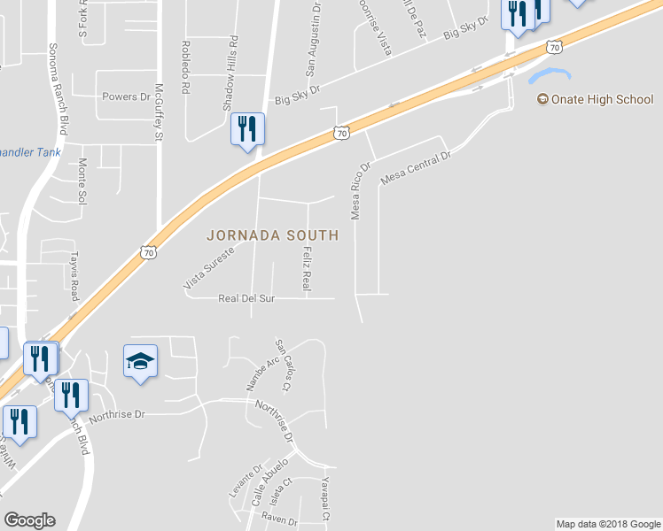 map of restaurants, bars, coffee shops, grocery stores, and more near 5300 Feliz Real in Las Cruces