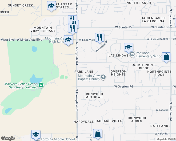 map of restaurants, bars, coffee shops, grocery stores, and more near 9330 North Beaumont Lane in Tucson