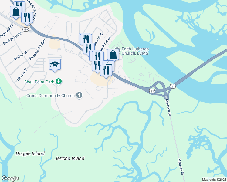 map of restaurants, bars, coffee shops, grocery stores, and more near 18 Green Family Drive in Beaufort