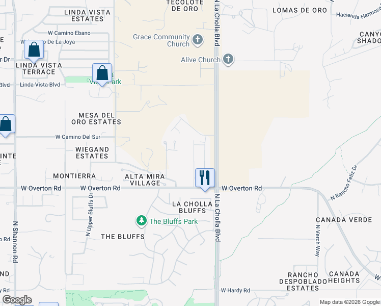 map of restaurants, bars, coffee shops, grocery stores, and more near 2290 W La Cresta Rd in Tucson