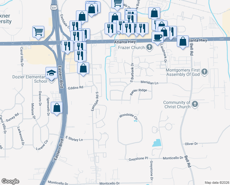 map of restaurants, bars, coffee shops, grocery stores, and more near 5919 Balmoral Road in Montgomery