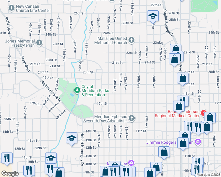 map of restaurants, bars, coffee shops, grocery stores, and more near 1818 35th Avenue in Meridian