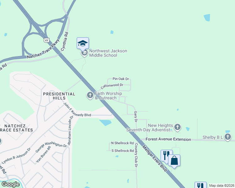 map of restaurants, bars, coffee shops, grocery stores, and more near 145 Red Oak Street in Jackson