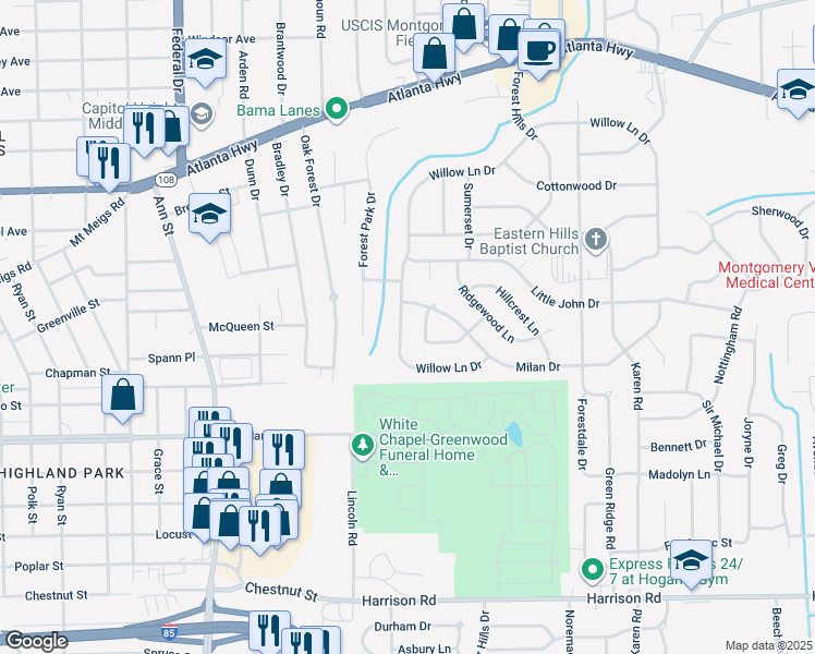map of restaurants, bars, coffee shops, grocery stores, and more near 3028 Willow Ln Dr in Montgomery