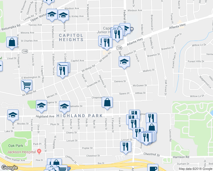 map of restaurants, bars, coffee shops, grocery stores, and more near 425 Heustess Street in Montgomery