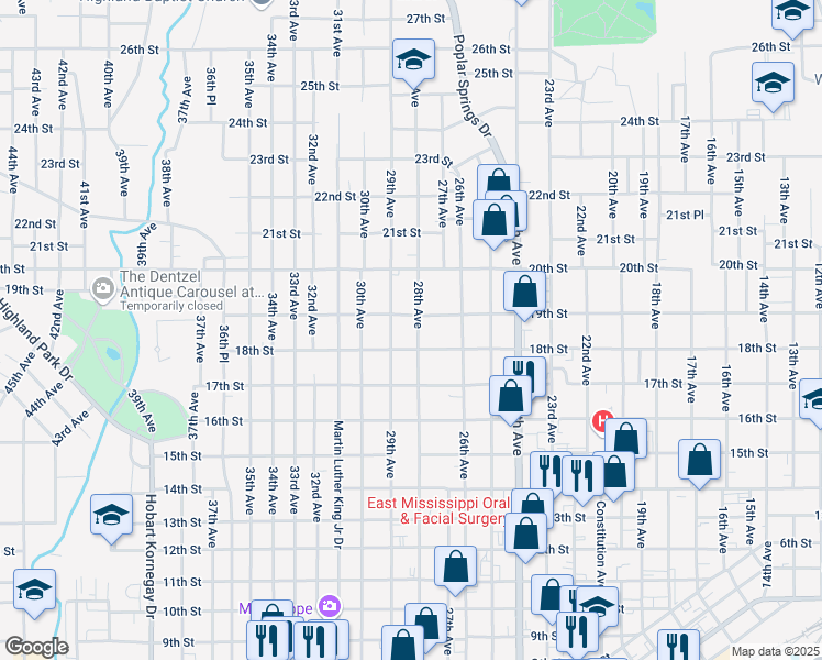 map of restaurants, bars, coffee shops, grocery stores, and more near 1819 28th Avenue in Meridian