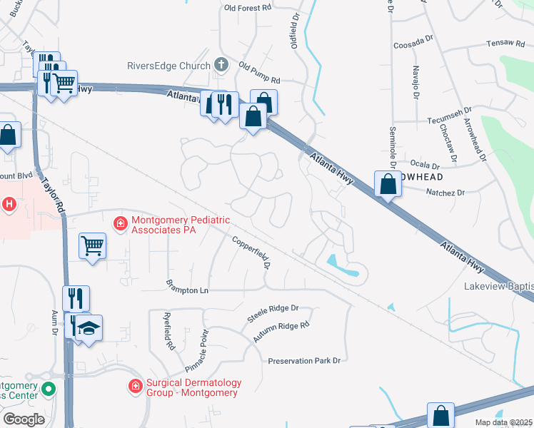 map of restaurants, bars, coffee shops, grocery stores, and more near 943 Somerset Drive in Montgomery