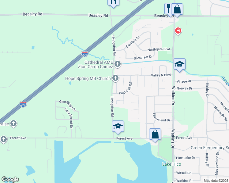 map of restaurants, bars, coffee shops, grocery stores, and more near 332 Post Oak Road in Jackson