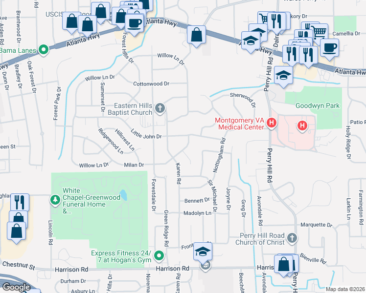 map of restaurants, bars, coffee shops, grocery stores, and more near 3513 Milan Drive in Montgomery