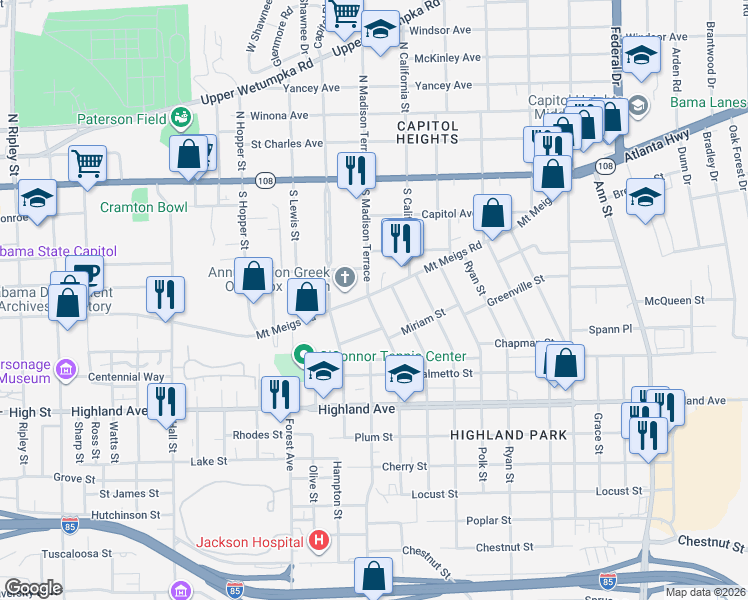 map of restaurants, bars, coffee shops, grocery stores, and more near 1802 Mount Meigs Road in Montgomery