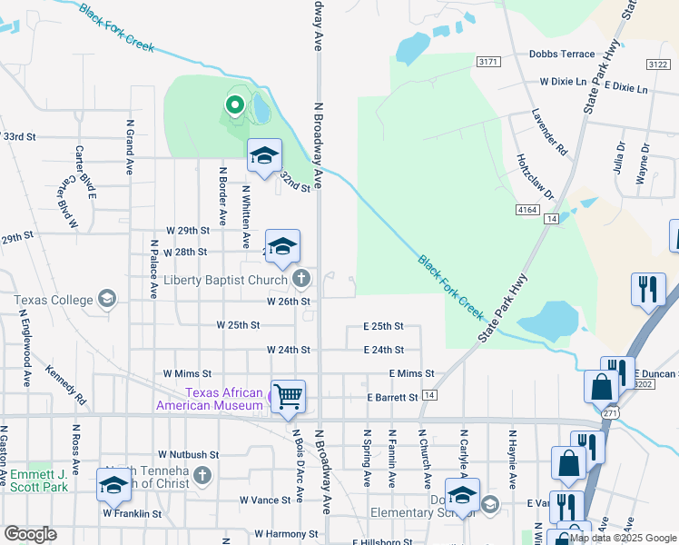 map of restaurants, bars, coffee shops, grocery stores, and more near 2601 North Broadway Avenue in Tyler