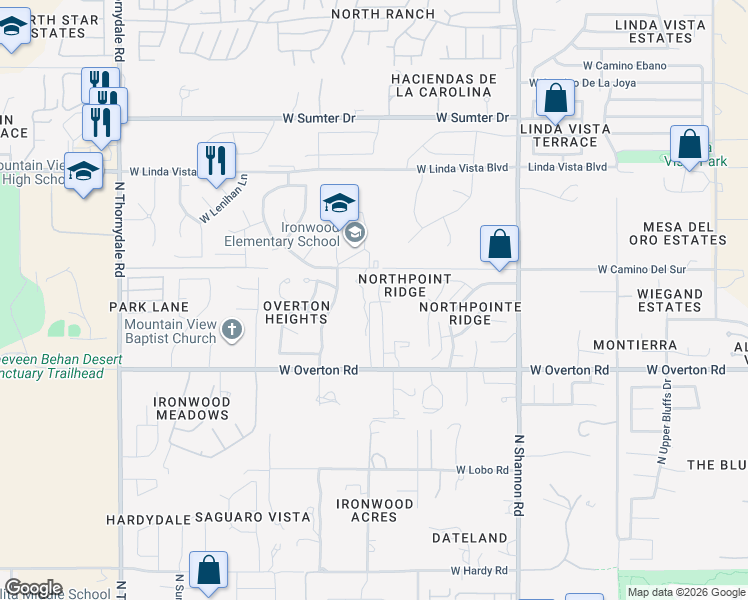 map of restaurants, bars, coffee shops, grocery stores, and more near 9341 North Moon View Place in Tucson