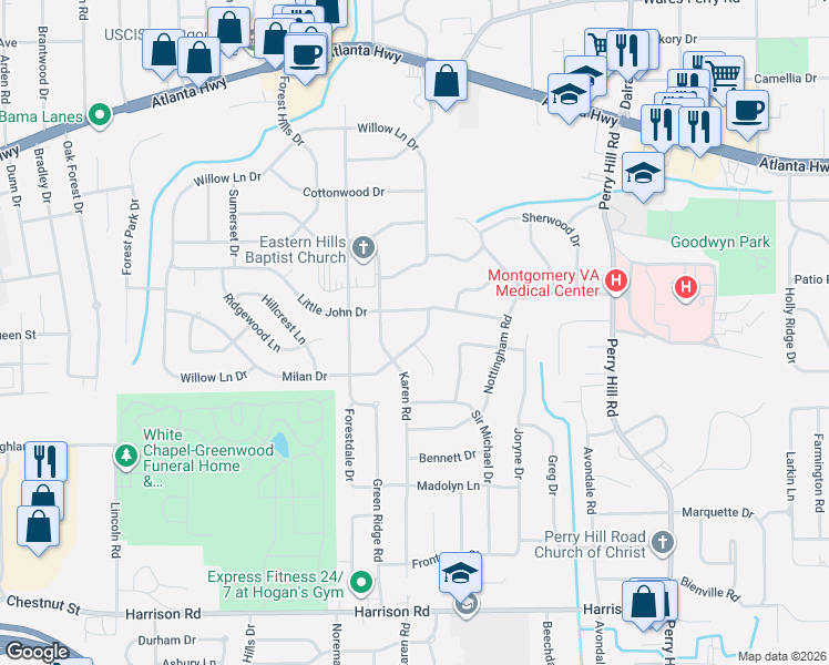 map of restaurants, bars, coffee shops, grocery stores, and more near 3513 Milan Drive in Montgomery