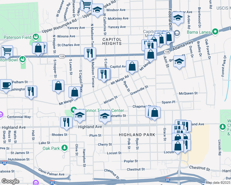 map of restaurants, bars, coffee shops, grocery stores, and more near 335 Buford Street in Montgomery