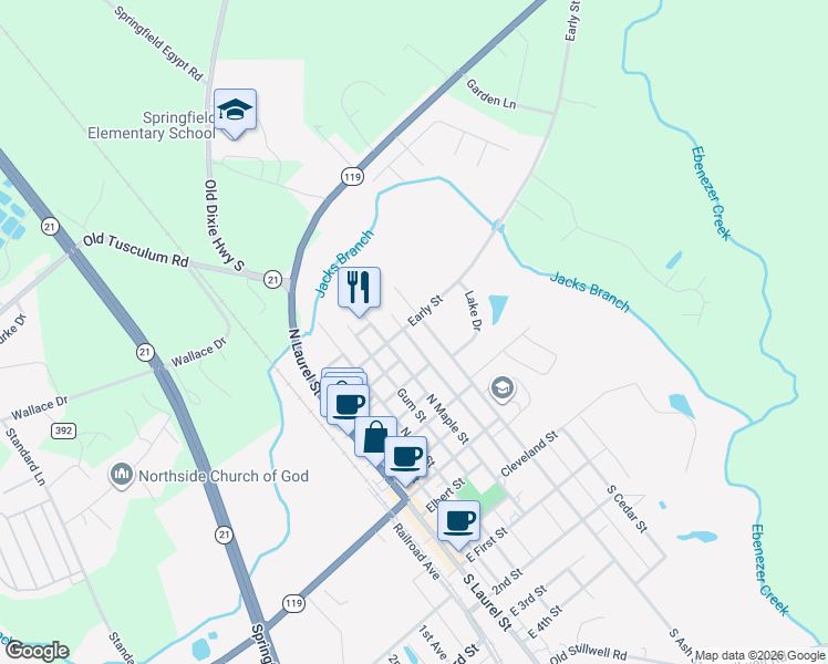 map of restaurants, bars, coffee shops, grocery stores, and more near 503 Early Street in Springfield