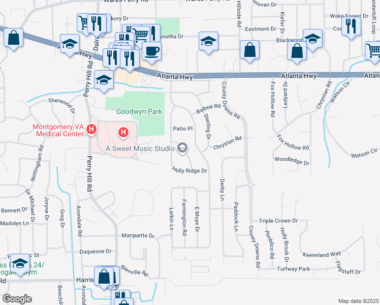 map of restaurants, bars, coffee shops, grocery stores, and more near 337 Mont Vista Drive in Montgomery
