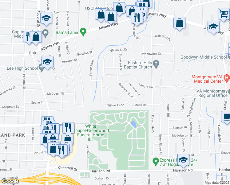 map of restaurants, bars, coffee shops, grocery stores, and more near 3136 Milan Drive in Montgomery