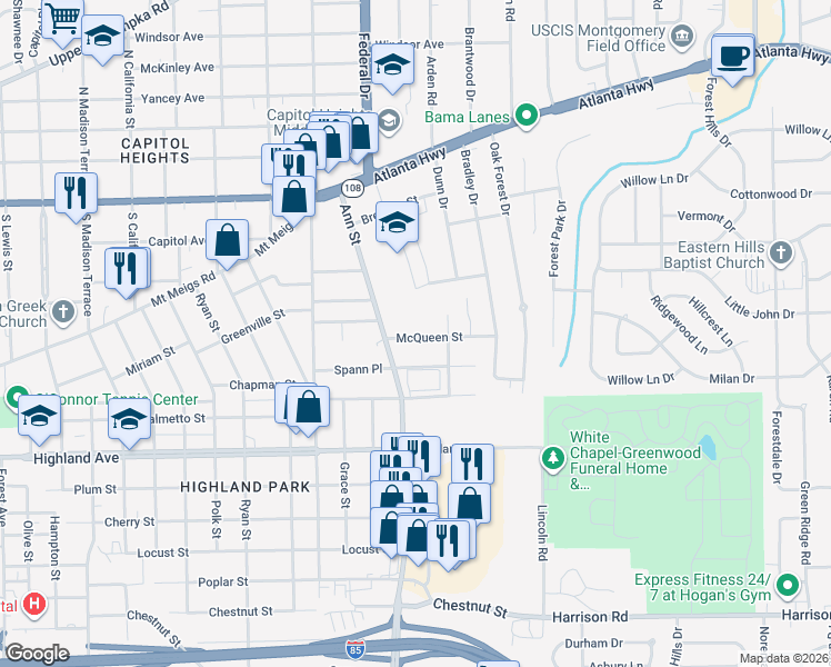 map of restaurants, bars, coffee shops, grocery stores, and more near 2914 McQueen Street in Montgomery