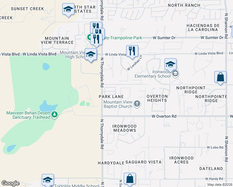 map of restaurants, bars, coffee shops, grocery stores, and more near 9330 North Beaumont Lane in Tucson